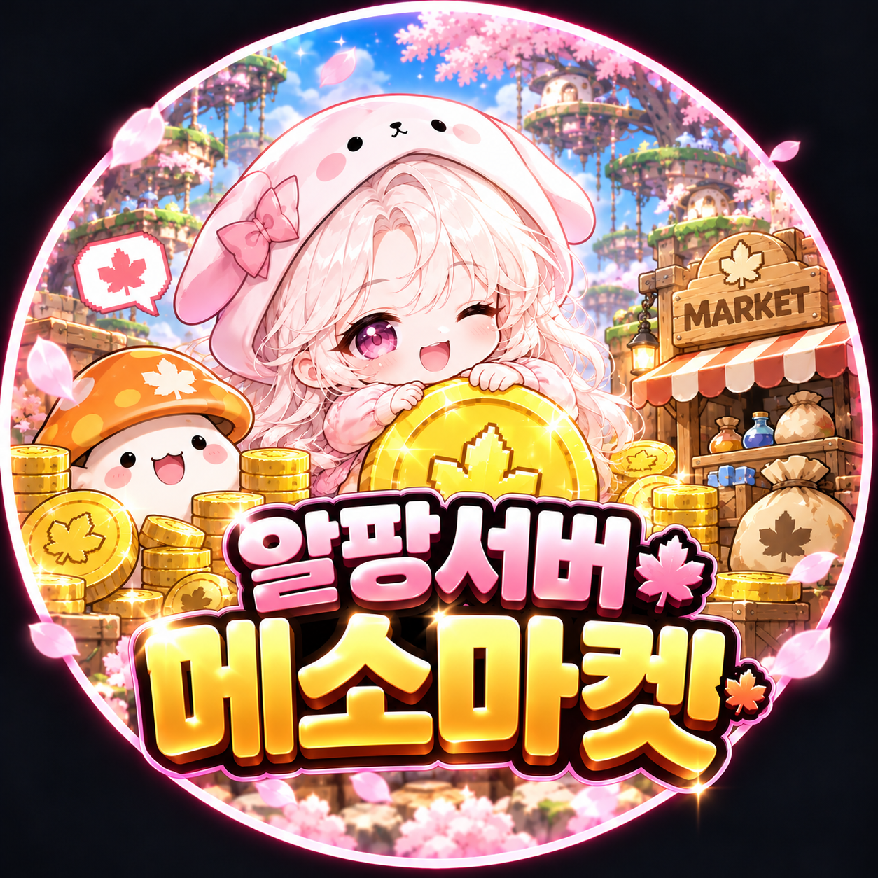 알팡서버 메소마켓 분홍색 캐릭터와 금화 일러스트